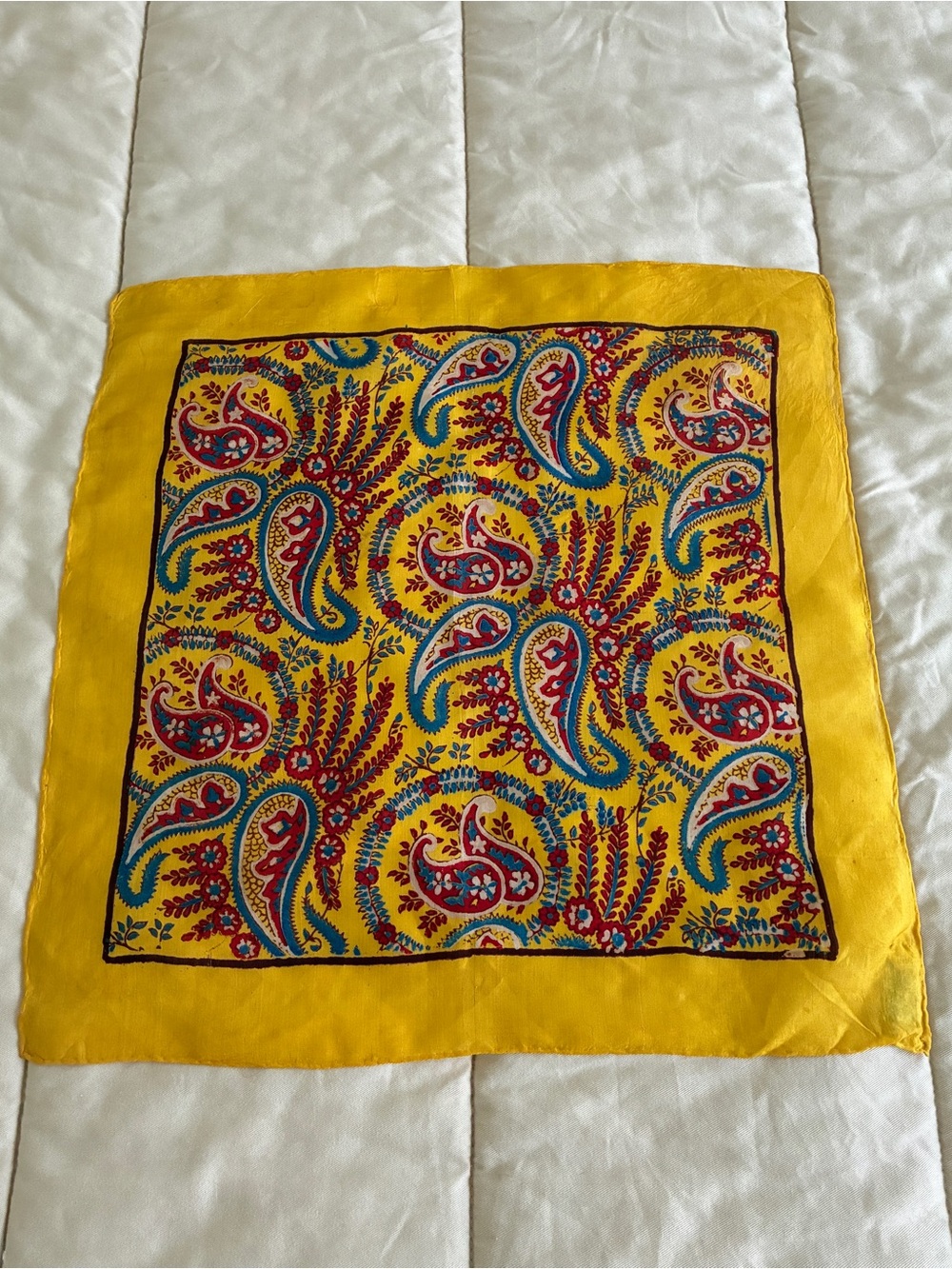 Vintage Silk Paisley Scarf 17" Square Yellow Red Blue